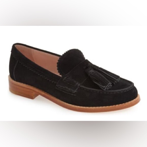 kate spade Shoes - KATE SPADE | Black suede with tassels and scalloped detailed EUC flat lo…